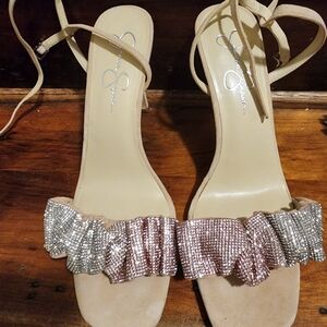 Jessica Simpson Silver Pink Heels with Sparkly Embellishments
